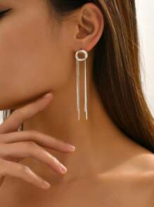 1pair Fashionable Circle & Chain Tassel Drop Earrings For Women For Daily Decoration - Silver - View 4