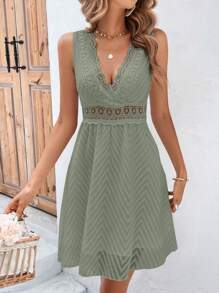 SHEIN Frenchy 水溶蕾絲拼接A字洋裝 - 綠色 - 查看 8