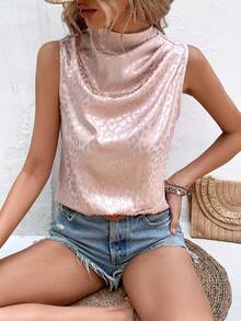 SHEIN Privé Leopard Jacquard Draped Collar Blouse - Apricot - View 3