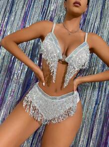 Sequin Fringe Trim Triangle Lingerie Set - White - View 1