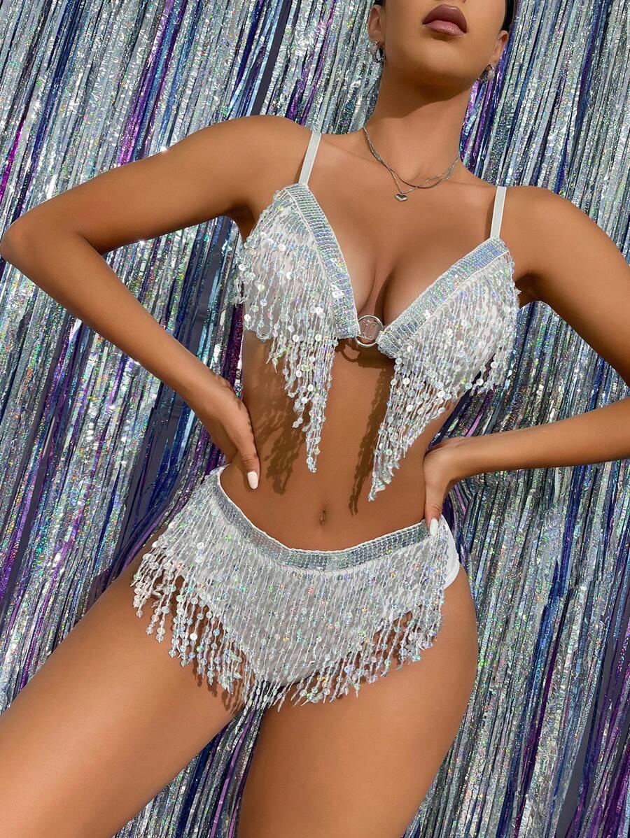 Sequin Fringe Trim Triangle Lingerie Set - White - View 1