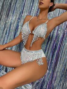Sequin Fringe Trim Triangle Lingerie Set - White - View 5