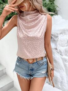 SHEIN Privé Leopard Jacquard Draped Collar Blouse - Apricot - View 5