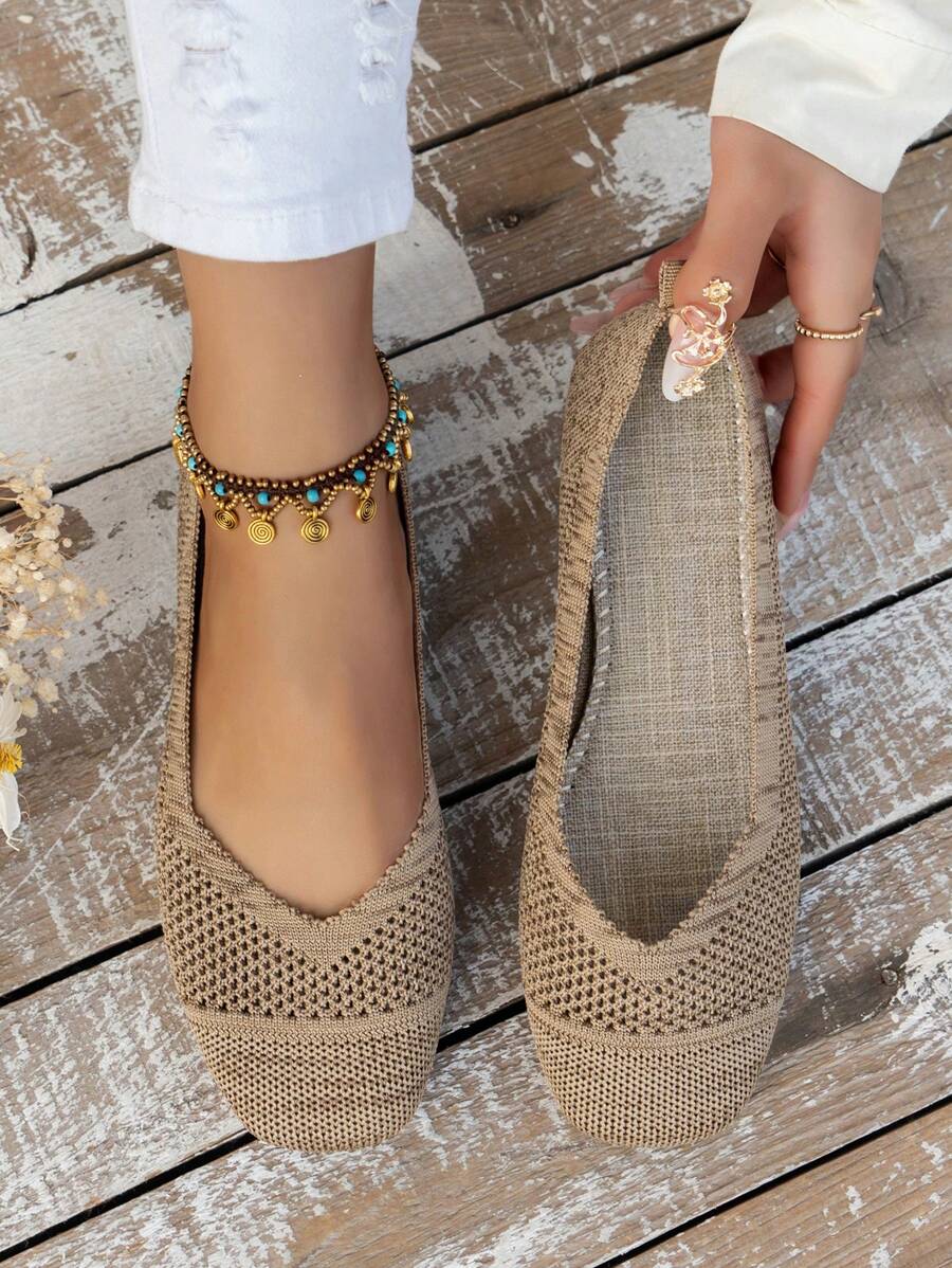 Giày bệt ba lê thanh lịch cho nữ, Giày bệt có chi tiết đan - Màu Khaki - Xem 1