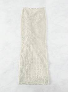 SHEIN Swim 木耳邊前收褶高衩沙灘纏腰式半身裙 - 米色 - 查看 4