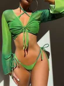 Tie Front Crop Kimono - Green - View 1