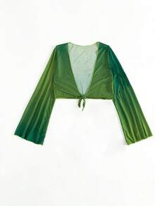 Tie Front Crop Kimono - Green - View 3