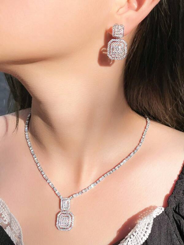 3pcs/Set Glamorous Cubic Zirconia Square Decor Jewelry Set For Women For Party