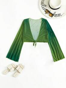 Tie Front Crop Kimono - Green - View 4