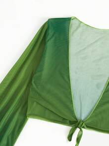 Tie Front Crop Kimono - Green - View 5