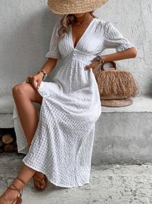 SHEIN LUNE Solid Button Front Split Hem Dress - White - View 4