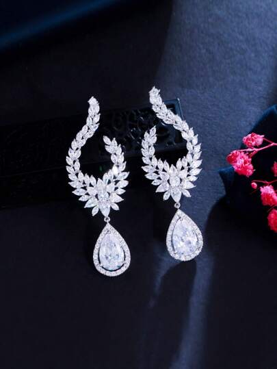 1對魅力四射方晶鋯石水滴形耳墜適合女士適合婚禮派對