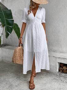 SHEIN LUNE Solid Button Front Split Hem Dress - White - View 1