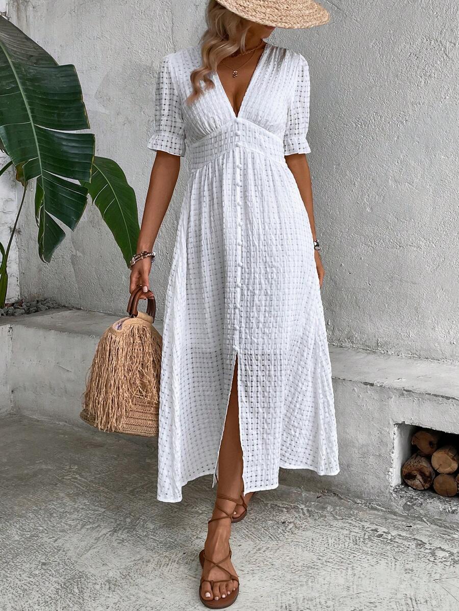 SHEIN LUNE Solid Button Front Split Hem Dress - White - View 1