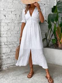 SHEIN LUNE Solid Button Front Split Hem Dress - White - View 6