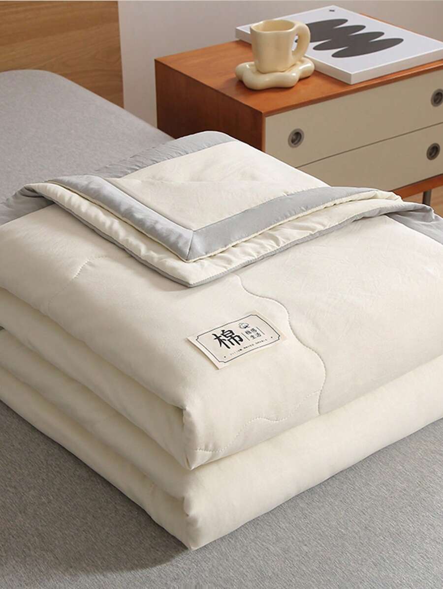 1pc Letter Patch Decor Quilted Bedspread, Simple Fabric Summer Quilt, For Bedroom - Multicolor - View 1