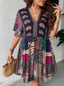 SHEIN Clasi Plus Paisley Print Tie Back Summer Boho Dress - Navy Blue - View 1