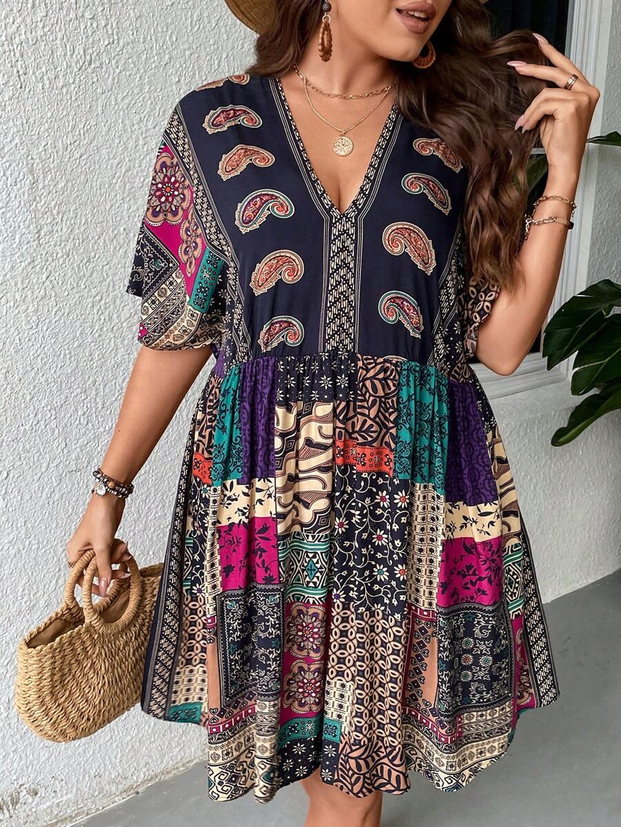 SHEIN Clasi Plus Paisley Print Tie Back Summer Boho Dress - Navy Blue - View 1