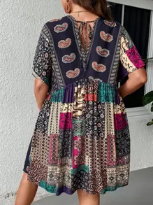 SHEIN Clasi Plus Paisley Print Tie Back Summer Boho Dress - Navy Blue - View 2