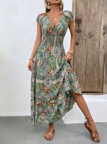 Breezaya Paisley Print Shirred Waist Batwing Sleeve Dress Maxi Vacation Beach Outfits Women - Green - View 1