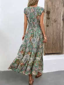 Breezaya Paisley Print Shirred Waist Batwing Sleeve Dress Maxi Vacation Beach Outfits Women - Green - View 2