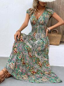 Breezaya Paisley Print Shirred Waist Batwing Sleeve Dress Maxi Vacation Beach Outfits Women - Green - View 4