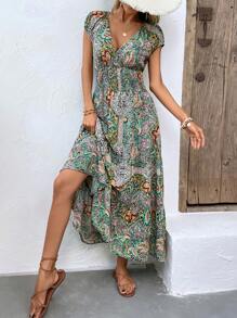 Breezaya Paisley Print Shirred Waist Batwing Sleeve Dress Maxi Vacation Beach Outfits Women - Green - View 5