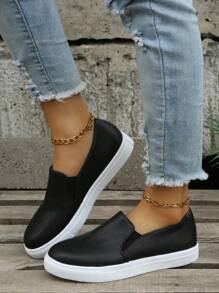 Women'S Black Slip-On Thick Sole Shoes, Round Toe, Non-Slip, Waterproof, Height Increase, Casual Sports Loafers For Spring And Autumn - Black - View 1