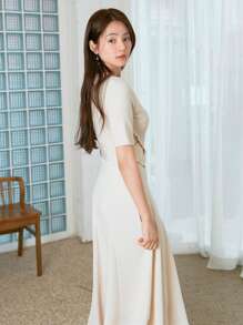 DAZY Solid V Neck Asymmetrical Hem Dress Sundress - Beige - View 2