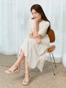 DAZY Solid V Neck Asymmetrical Hem Dress Sundress - Beige - View 3