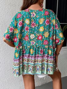 SHEIN LUNE Áo sơ mi Plus Size Viên lá sen Thắt nơ trước mép Hoa Tất cả trên in Boho - màu xanh lá - Xem 2