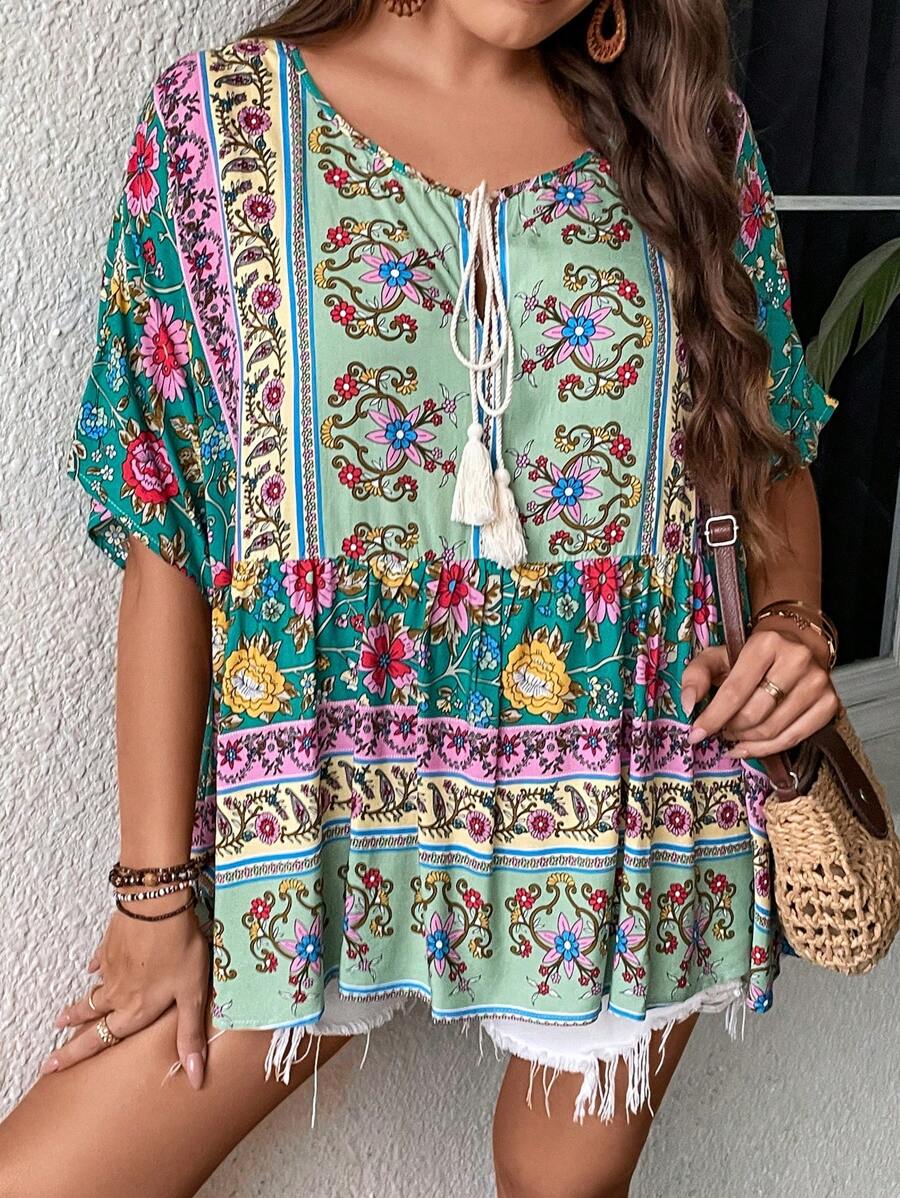 SHEIN LUNE Áo sơ mi Plus Size Viên lá sen Thắt nơ trước mép Hoa Tất cả trên in Boho - màu xanh lá - Xem 1