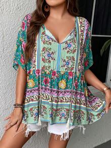 SHEIN LUNE Áo sơ mi Plus Size Viên lá sen Thắt nơ trước mép Hoa Tất cả trên in Boho - màu xanh lá - Xem 5