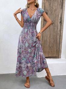 Breezaya Đầm Maxi Tay Cánh Dơi In Họa Tiết Paisley Eo Co Giãn Trang Phục Đi Biển Cho Nữ - Màu tím - Xem 4