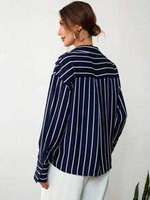 SHEIN Privé 條紋印花落肩袖襯衫 - 藍白色 - 查看 3