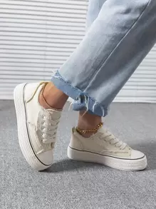 Fall/Winter Women's Fashionable Versatile Spring/Summer Outdoor White Lace-Up Round Toe Canvas Flat Non-Slip Casual Sneakers For Sports/Running