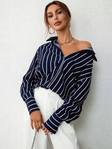 SHEIN Privé 條紋印花落肩袖襯衫 - 藍白色 - 查看 5
