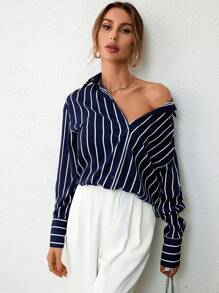 SHEIN Privé 條紋印花落肩袖襯衫 - 藍白色 - 查看 6