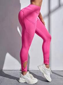 SHEIN Yoga Elegant 鏤空下擺寬腰帶運動打底褲帶手機袋 - 玫紅色 - 查看 3