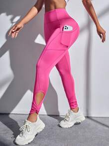 SHEIN Yoga Elegant 鏤空下擺寬腰帶運動打底褲帶手機袋 - 玫紅色 - 查看 4
