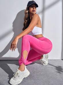 SHEIN Yoga Elegant 鏤空下擺寬腰帶運動打底褲帶手機袋 - 玫紅色 - 查看 6