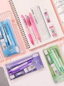 6支/套混合彩色中性筆、尺子、鉛筆和橡皮擦創意便攜式多用途中性筆套裝適合學生、書寫、繪畫 - 黑色 - 查看 1
