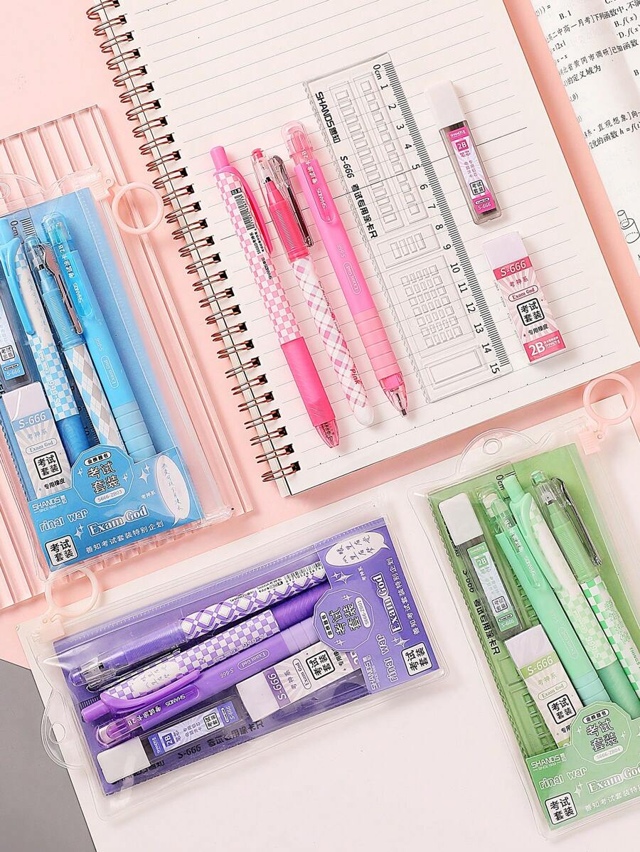 6支/套混合彩色中性筆、尺子、鉛筆和橡皮擦創意便攜式多用途中性筆套裝適合學生、書寫、繪畫 - 黑色 - 查看 1