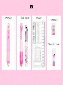 6支/套混合彩色中性筆、尺子、鉛筆和橡皮擦創意便攜式多用途中性筆套裝適合學生、書寫、繪畫 - 黑色 - 查看 8