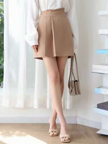 DAZY High Waist Fold Pleated Skirt - Apricot - View 5