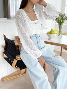 DAZY Solid Open Front Crop Top Without Cami Top - White - View 6