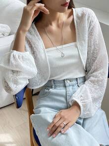 DAZY Solid Open Front Crop Top Without Cami Top - White - View 8