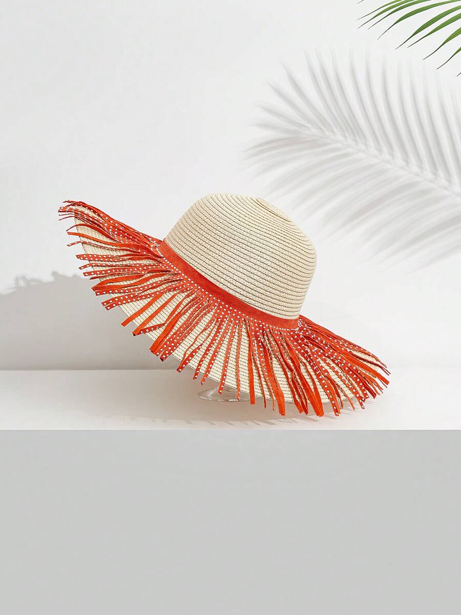 SHEIN VCAY 1 Phụ Nữ Tua Rua Trang Trí Boho Mũ Rơm Cho Du Lịch Ngoài Trời - màu nâu - Xem 1