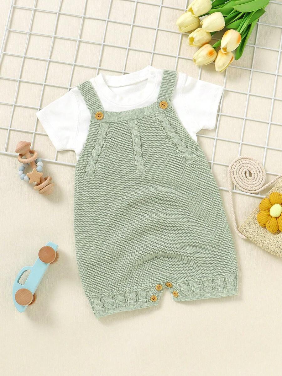 Baby Solid Knit Romper - Green - View 1