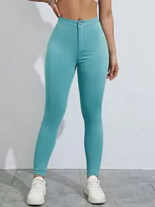 SHEIN Unity Women's Solid Color Skinny Casual Pants - Cadet Blue - View 1